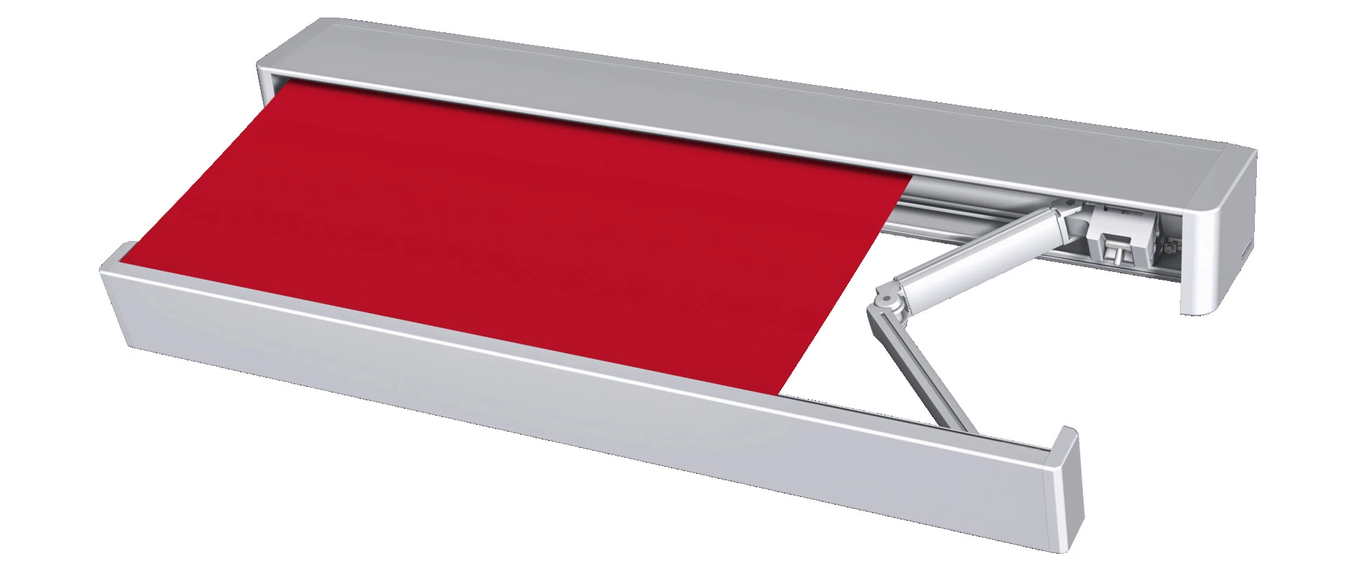 Elektrische Markise mit rotem Stoff und modernem Design