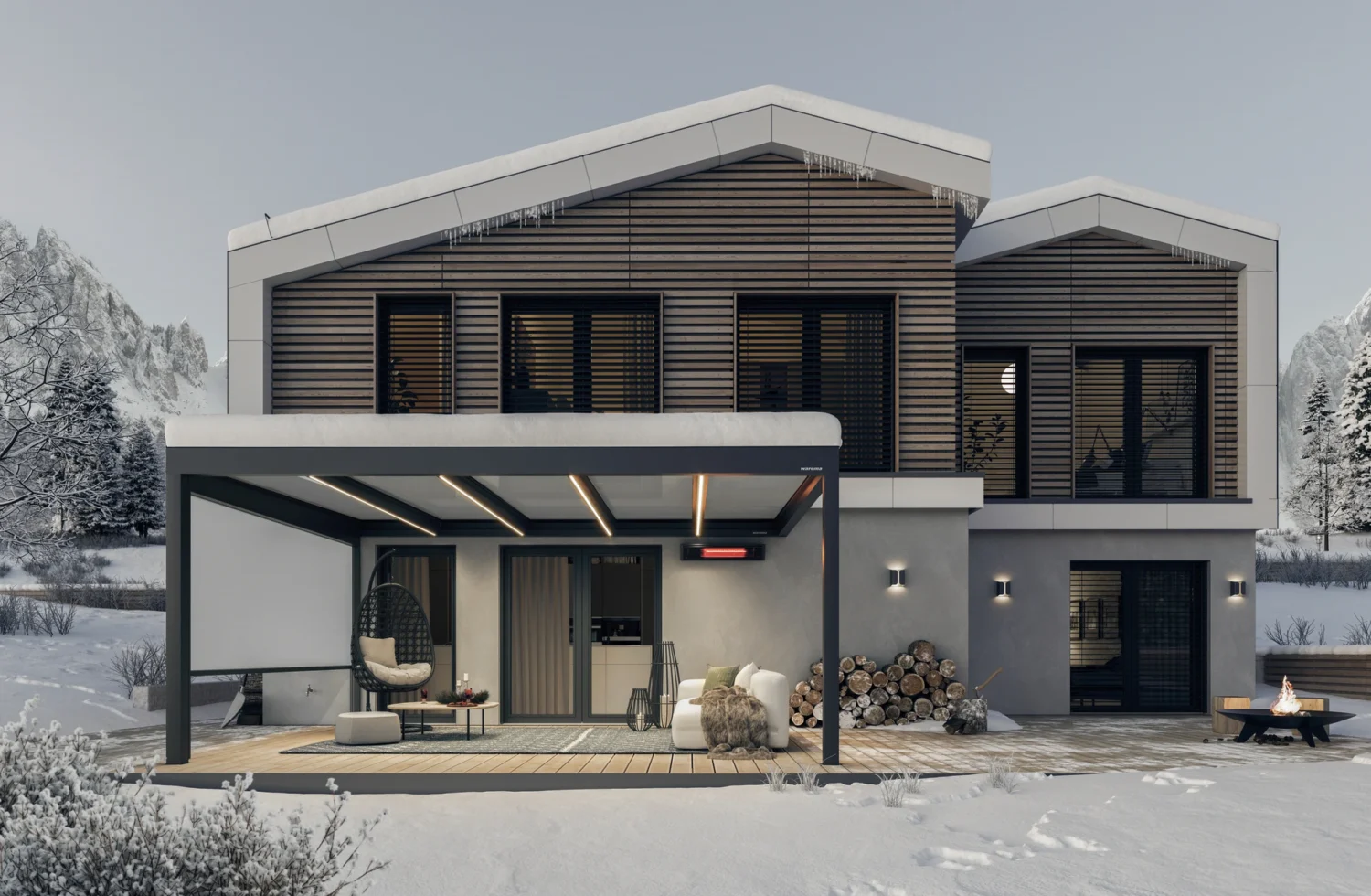 Modernes Holzhaus mit überdachter Terrasse im Winter