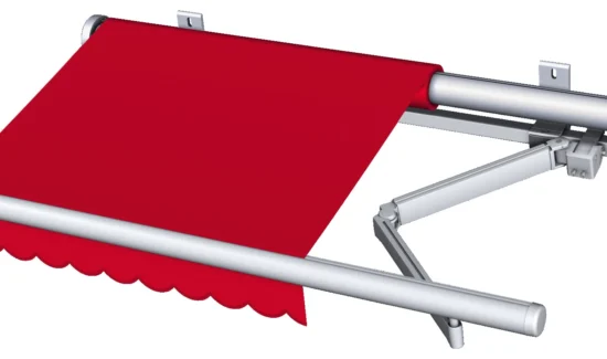 Illustration einer roten Markise mit Gelenkarm